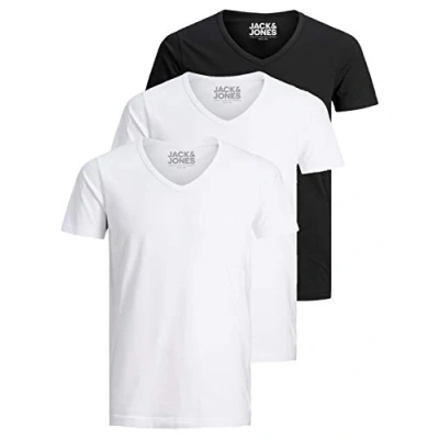 Abbildung von Jack and Jones Herren T Shirt Basic V Ausschnitt 3er Pack Einfarbig Slim Fit in Weiß Schwarz Blau Grau XL
