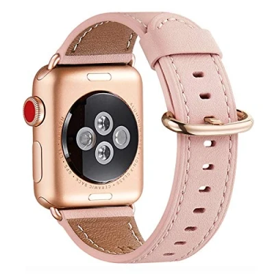 Abbildung von WFEAGL Kompatibel für Apple Watch Armband 40mm 41mm 38mm,Lederband Ersatzband Herren Damen iWatch Series 10/9/8/7/6/5/4/3/2/1,SE(38mm 41mm, Rosa+Roségold Adapter)