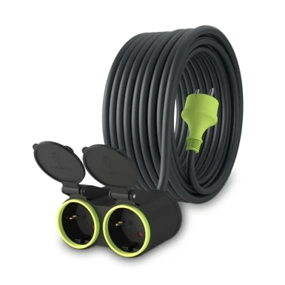Abbildung von MutecPower 15m Verlängerungskabel mit 2 schuko steckdosen für den aussenbereich IP44 H05RR F3G 1,5mm² doppel verlängerung schutzkontakt buchsen Fach Outdoor verteiler 15 Meter schwarz/grün