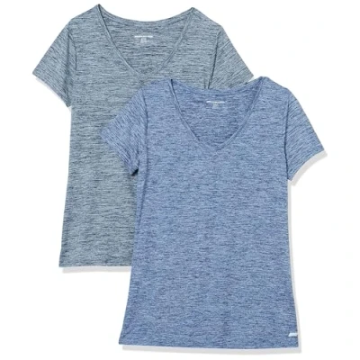 Abbildung von Amazon Essentials Damen Tech Stretch T Shirt mit kurzen Ärmeln und V Ausschnitt (erhältlich in Übergröße), 2er Pack, Marineblau Heidekraut/Schwarz Heide, M
