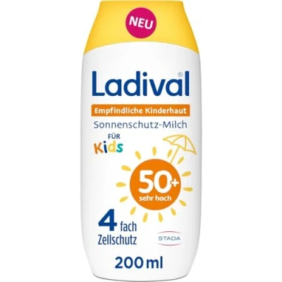 Abbildung von Ladival Kinder Sonnencreme Milch LSF50+ für empfindliche Kinderhaut, Babys und ab 6 Monaten, extra wasserfest, 4 fach Zellschutz, 200ml