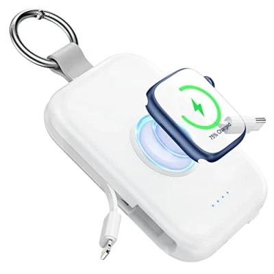 Abbildung von RORRY Power Bank, 5000mAh Externe Handy Akkus mit eingebauten Kabeln, Schlüsselanhänger Powerbank Kompatibel iPhone 16/15/14/13/12 und für Apple Watch 9/Ultra 2/8/Ultra/7/6/Se/5/4, Weiß