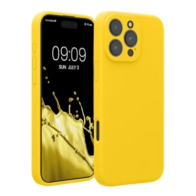 Abbildung von kwmobile Handyhülle kompatibel mit Apple iPhone 16 Pro Max Hülle gummierte Handy Case aus Silikon in Strahlend Gelb