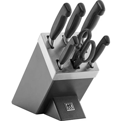 Abbildung von ZWILLING Vier Sterne Selbstschärfender Messerblock, 7 teilig, Messer und Schere aus rostfreiem Spezialstahl/Kunststoff Griff, Grau [Made in Germany]