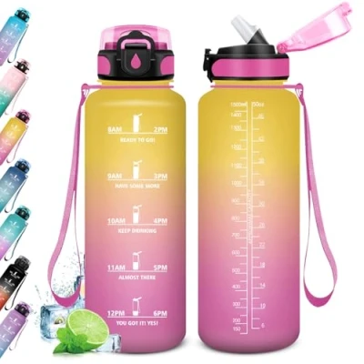 Abbildung von Wasserflasche 1.5L, Trinkflasche Auslaufsicher, Sport mit Zeitmarkierung, Strohhalm, Kohlensäure Geeignet, Sportflasche für Fitnessstudio, Oudoor, Schule, Sprudel