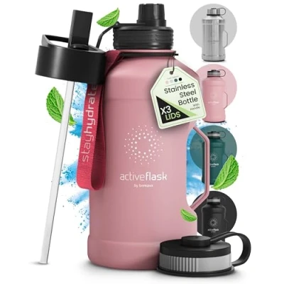 Abbildung von BeMaxx Trinkflasche Edelstahl ACTIVE FLASK + Strohhalm (3 Deckel) Große 2,2 Liter Sportflasche BPA frei Auslaufsicher Kohlensäure geeignet, 2l XL Wasserflasche Sport Outdoor Fitness Wasser Flasche