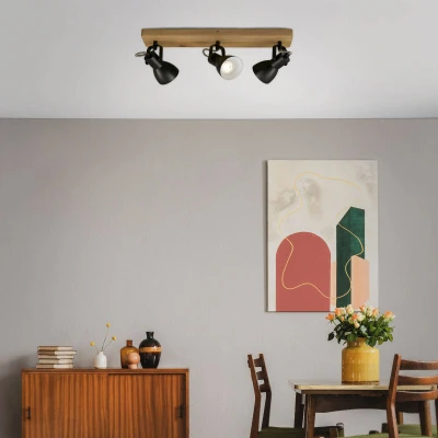 Abbildung von BRILONER Deckenlampe Vintage schwenkbar, Holzbasis, GU10 Fassung, max. 35 Watt, Deckenleuchte, Lampe, Wohnzimmerlampe, Schlafzimmerlampe, Küchenlampe, Deckenstrahler, 48x10x13,5 cm, Schwarz Weiß