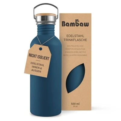 Abbildung von Bambaw Edelstahlflasche 500ml, Nicht isolierte Trinkflasche Blau, Edelstahl für Kinder, Fahrrad Azurblau