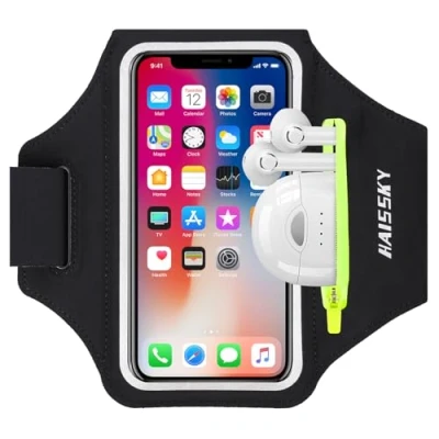 Abbildung von HAISSKY Sportarmband Mit Kopfhörer Tasche Handytasche Sport für iPhone 15 Pro Max/14 Pro/13/12 Pro/11 Plus, Huawei P50 Pro/P40 Pro/Mate 50 Xiaomi, Galaxy Handyhülle Running Armband