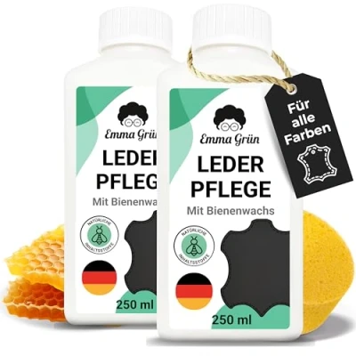 Abbildung von Emma Grün® Lederpflege für Ledercouch &amp; Sofa 250ml [MIT BIENENWACHS] Glatt Kunstleder Pflege Auto Autositze Pflegemittel Sofa, Jacken Autoleder (+SCHWAMM) Made in Germany
