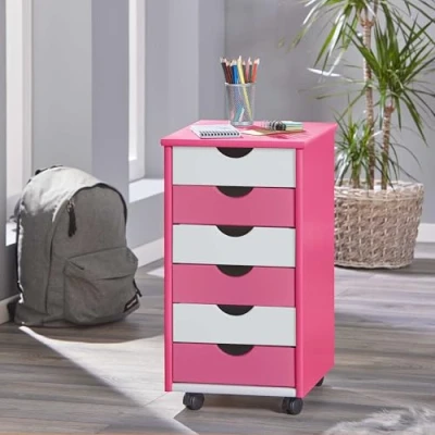 Abbildung von Inter Link Rollcontainer mit 6 Schubladen Bürocontainer Rollschrank Rollwagen Schubladenkommode Massiv Kieferholz Rosa/Weiß BxTxH: 35x39x66 cm