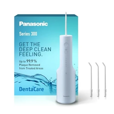 Abbildung von Panasonic Series 300 Munddusche EW DJ27 A303, für Zähne, 200 ml, IPX7, 4 normale Düsen, 5 Wasserdruckstufen, Reisezubehör, Eisblau