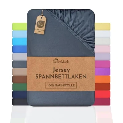 Abbildung von NatureMark Jersey Spannbettlaken, Spannbetttuch 100% Baumwolle in vielen Größen und Farben MARKENQUALITÄT ÖKOTEX Standard 100 180 x 200 cm anthrazit grau