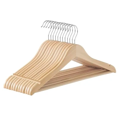 Abbildung von SONGMICS Kleiderbügel Holz, 12er Set Bügel, Holzbügel, Einkerbungen im Schulterbereich, Hosensteg, Hosenbügel, 360 drehbarer Haken, für Jacken Hemden Mäntel, naturbeige CRW010N12
