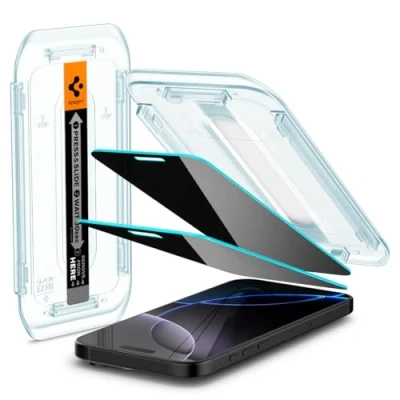 Abbildung von Spigen Glas.tR EZ Fit Sichtschutz Schutzfolie kompatibel mit iPhone 16 Pro Max, 2 Stück, Privacy Schutz, Kratzfest, 9H Härte Folie