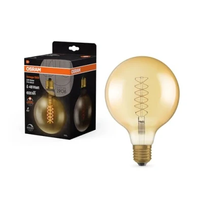 Abbildung von OSRAM Vintage 1906 LED Lampe mit Gold Tönung, 7W, 600lm, Kugel Form 95mm Durchmesser &amp; E27 Sockel, warmweiße Lichtfarbe, spiralförmiges Filament, dimmbar, bis zu 15.000 Stunden Lebensdauer