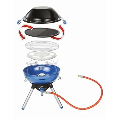 Abbildung von Campingaz Party Grill, Kleiner Grill für Camping, Festivals oder Picknick, Camping mit flexiblen Kochmöglichkeiten, Gaskocher Antihaftbeschichteter Grillplatte und Topfträger
