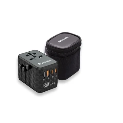 Abbildung von Verbatim GaN Universal Reiseadapter UTA‑05 65 W, Steckdosenadapter mit 2 USB‑A und USB C Anschlüssen, Schnellladegerät für Laptop, Handy, Kamera Co, Reisestecker weltweit einsetzbar, 100 250 V