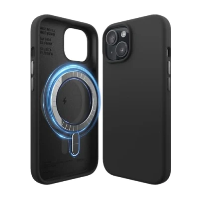Abbildung von elago Magnetische Silikonhülle Kompatibel mit iPhone 15 Hülle, MagSafe Alles Zubehör, Integrierte Magnete, Premium Silikon, Ganzkörper Schutzhülle [5 Lagige Struktur] (Schwarz)