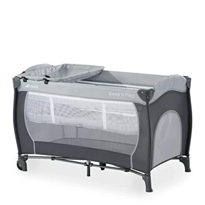 Abbildung von hauck Kinderreisebett Sleep N Play Center mit Neugeboreneneinhang, Wickelauflage, Tragetasche, Rollen, Schlupf, Klein Zusammenklappbar, Baby Reisebett Kleinkind ab Geburt bis 15 kg (Stone)