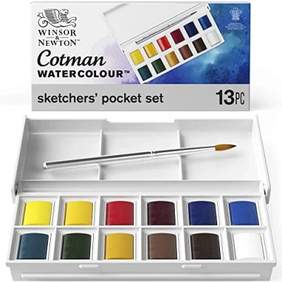 Abbildung von Winsor &amp; Newton 0390640 Cotman Sketchers Pocket Box Aquarellfarbe, 12 hochwertige Wasserfarben in 1/2 Näpfen, 1 Pinsel, Mischpalette