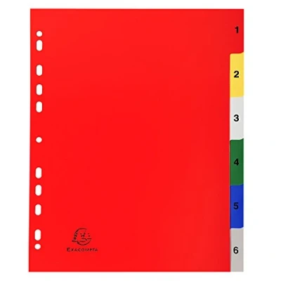 Abbildung von Exacompta 2506E Kunststoff Register 1 6 für DIN A4 MAXI aus langlebigem teilig volle Höhe 24 x 29,7 cm weiß mit bedruckten, bunten Taben Universallochung Indexseite zum selbstgestalten
