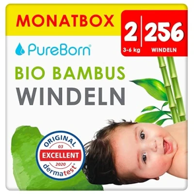Abbildung von PureBorn Eco Bio Bambus Windeln, Größe 2 (3 6 kg), 256 Stück (2 x 128), Umweltfreundlich, Hypoallergen, Ultraweich, mit Nässeindikator, Diverser Aufdruck
