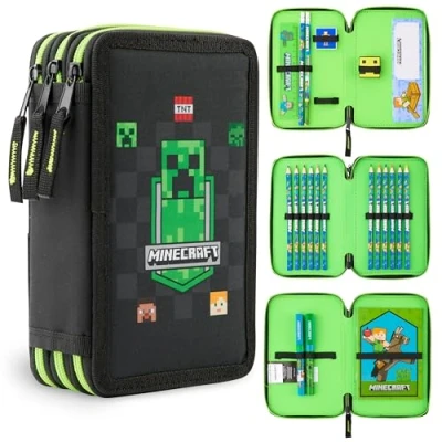 Abbildung von Minecraft Federmäppchen, mit Fächern, gefüllt Schulbedarf, Schule, Kinder, Jungen, Goodies, offizielles Zubehör für Gamer (Schwarz AOP)