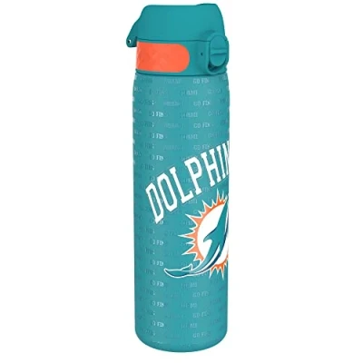 Abbildung von Ion8 Stahl Trinkflasche, 600 ml, Auslaufsicher, Einhandöffnung, Sichere Verriegelung, Spülmaschinenfest, Klappdeckel, Tragegriff, Leicht zu Reinigen, Langlebig, NFL Dolphins Design