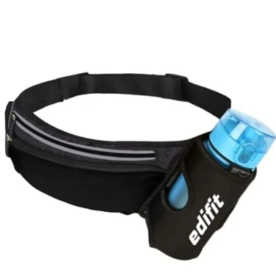 Abbildung von Edifit, Laufgürtel, Bauchtasche Damen Herren, Gürteltasche, Zubehör, mit Getränkehalter, Wasserdicht, Zip Verschluss, Verstellbarer und reflektierender Gurt (Schwarz)