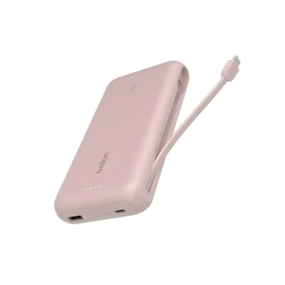 Abbildung von Belkin Portable Powerbank zum Schnellladen mit integriertem Kabel 20K PD 30 W, USB C Power Delivery, Akkupack für die iPhone 16 Serie, iPad Pro, Galaxy S25 Serie usw., Rosa