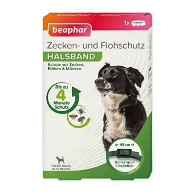Abbildung von BEAPHAR Zecken und Flohschutz Halsband für Hunde ab 12 Wochen Repellent 4 Monate Schutz vor Zecken, Flöhen Mücken Regenfest Verstellbar Bandlänge 65 cm Dunkelgrün