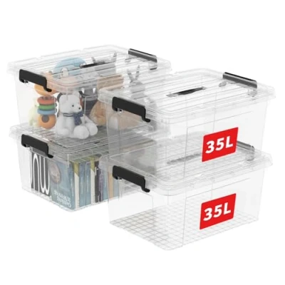 Abbildung von Cetomo 45L*4 Aufbewahrungsboxen, Tragbare Plastikboxen mit Deckeln, Organizer Behälter Griff und Clips, Stapelbar, Ineinander Nestbar, für Zuhause Büro, Transparent, 45L 4er Pack