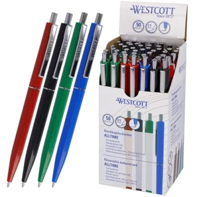 Abbildung von Westcott Kugelschreiber ALLTIME Mix 50 Stück Vorteilspack Druckkugelschreiber mit blauer Tinte Strichstärke M X20 Standardmine Dokumentenecht ISO 12757 2 Stabiler Metallclip E 737487 00