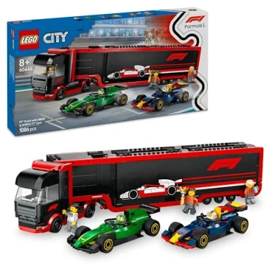 Abbildung von LEGO City F1 Transporter mit RB20 &amp; AMR24 Rennautos Spielzeug Autotransporter für Red Bull Aston Martin Formel 1 Teams Inkl. 5 Minifiguren Geschenk Jungen Mädchen ab 8 Jahren 60445