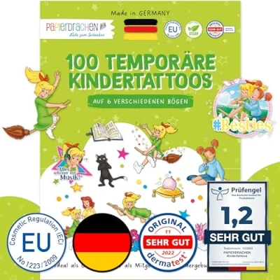 Abbildung von Papierdrachen 100 Tattoos für Kinder Hautfreundliche Kindertattoos Bibi Blocksberg kindgerechte Designs als Mitgebsel oder Geschenkidee 100% vegan &amp; dermatologisch geprüft