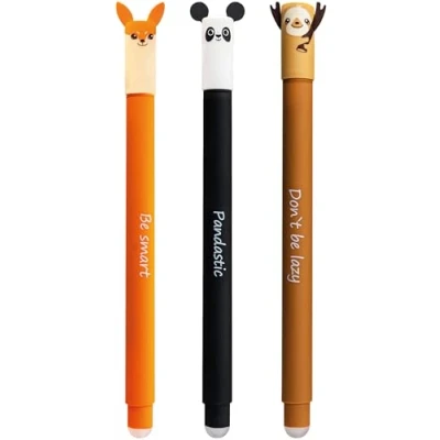 Abbildung von Eberhard Faber 599019 Tinteroller radierbar, 3 Animal Erase it Stifte, Panda, Fuchs, Faultier, Gelschreiber blau 0,7 mm
