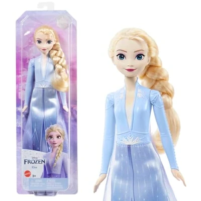 Abbildung von Mattel Disney Prinzessin Elsa Puppe, Die Eiskönigin Puppe im Reiseoutfit, kämmbare blonde Haare, beweglich, ausziehbarer Rock und Stiefel, Geschenke, Spielzeug ab 3 Jahre, HLW48