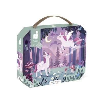 Abbildung von Janod Puzzle 54 Teile Thema Einhorn Lernspiel Feinmotorik und Konzentration Valisette Griff FSC Zertifiziert Pflanzliche Druckfarben Ab 5 Jahren, J02555, Purple