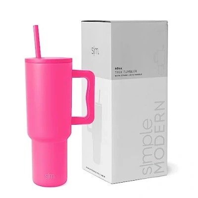 Abbildung von Simple Modern Thermobecher mit Strohhalm und Griff Isolierter Edelstahl Trinkbecher Eiskaffee Reisebecher Geschenke für Frauen Männer Trek 1180ml Raspberry Vibes