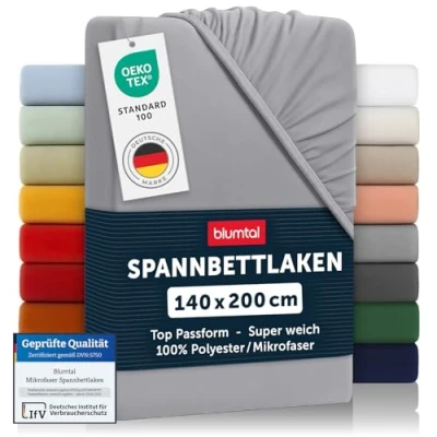 Abbildung von Blumtal® Spannbettlaken 140x200 cm Bettlaken aus Microfaser Oekotex zertifiziertes Spannbetttuch Leintuch Bettspanntuch Grau