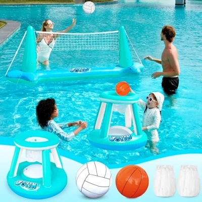 Abbildung von JOYIN Aufblasbare Pool Float Set, Volleyballnetz &amp; Basketballkörbe Bälle für Kinder Erwachsene, Wasserballspiel Poolspielzeug Volleyball Basketball Spielzeug, Wassersport Sommerspielzeug，blau