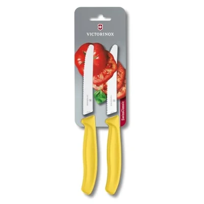 Abbildung von Victorinox Swiss Classic, Frühstücksmesser, Brötchenmesser, Scharfe Klinge, Wellenschliff, 11 cm, Kunststoffgriff, Rostfreier Stahl, Set 2teilig, Gelb