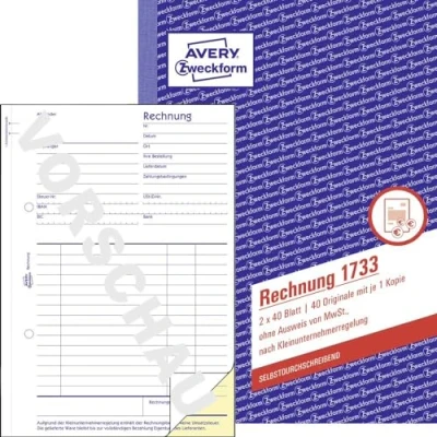 Abbildung von AVERY Zweckform 1733 Rechnung für Kleinunternehmer (A5, 2x40 Blatt, selbstdurchschreibend mit farbigem Durchschlag, ohne Ausweis von MwSt., nach Kleinunternehmerregelung) weiß/gelb