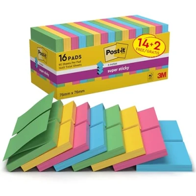 Abbildung von Post it Super Sticky Z Notes, Vorteilspackung, Packung mit 14 Blöcken + 2 Gratisblöcke, 90 Blatt pro Block, 76 mm x mm, Farben: Grün, Gelb, Pink, Blau Extra stark klebende Notizzettel