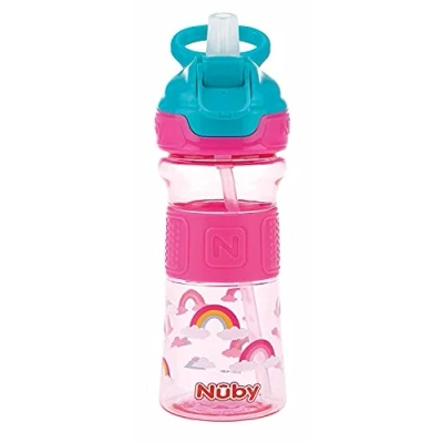 Abbildung von Nuby Trinkhalmbecher Flip It aus Tritan mit Silikongriff Trinkflasche für Kinder Trinkhalmflasche 360 ml Rosa BPA FREI 3+ Jahre