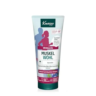 Abbildung von Kneipp Wirkdusche Muskel Wohl reaktivierendes und lockerndes Duschgel mit ätherischem Wacholder Öl ideal nach körperlicher Bewegung Anstrengung vegan ohne Mikroplastik 200ml