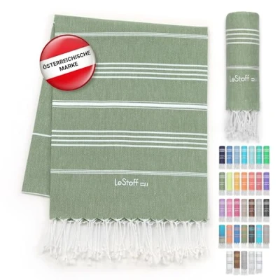 Abbildung von LeStoff Premium Hamamtuch 100% Bio Baumwolle Vorgewaschen, Nachhaltig, Saugstark &amp; Schnelltrocknend Strand, Bade, Dusch, Yoga, Spa Reise Tuch (95 x 180 cm, Olive)