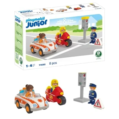 Abbildung von PLAYMOBIL JUNIOR Helden des Alltags nachhaltiges Spielzeug für Kinder ab 1 Jahr inklusive Ärztin, Feuerwehrmann und Polizist 71692