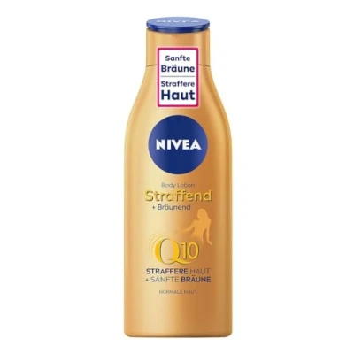 Abbildung von NIVEA Body Lotion Straffend + Bräunend Q10, Pflege für eine sanfte Bräune mit frischem Sommerduft, Hautpflege straffere Haut in nur 10 Tagen (200 ml)